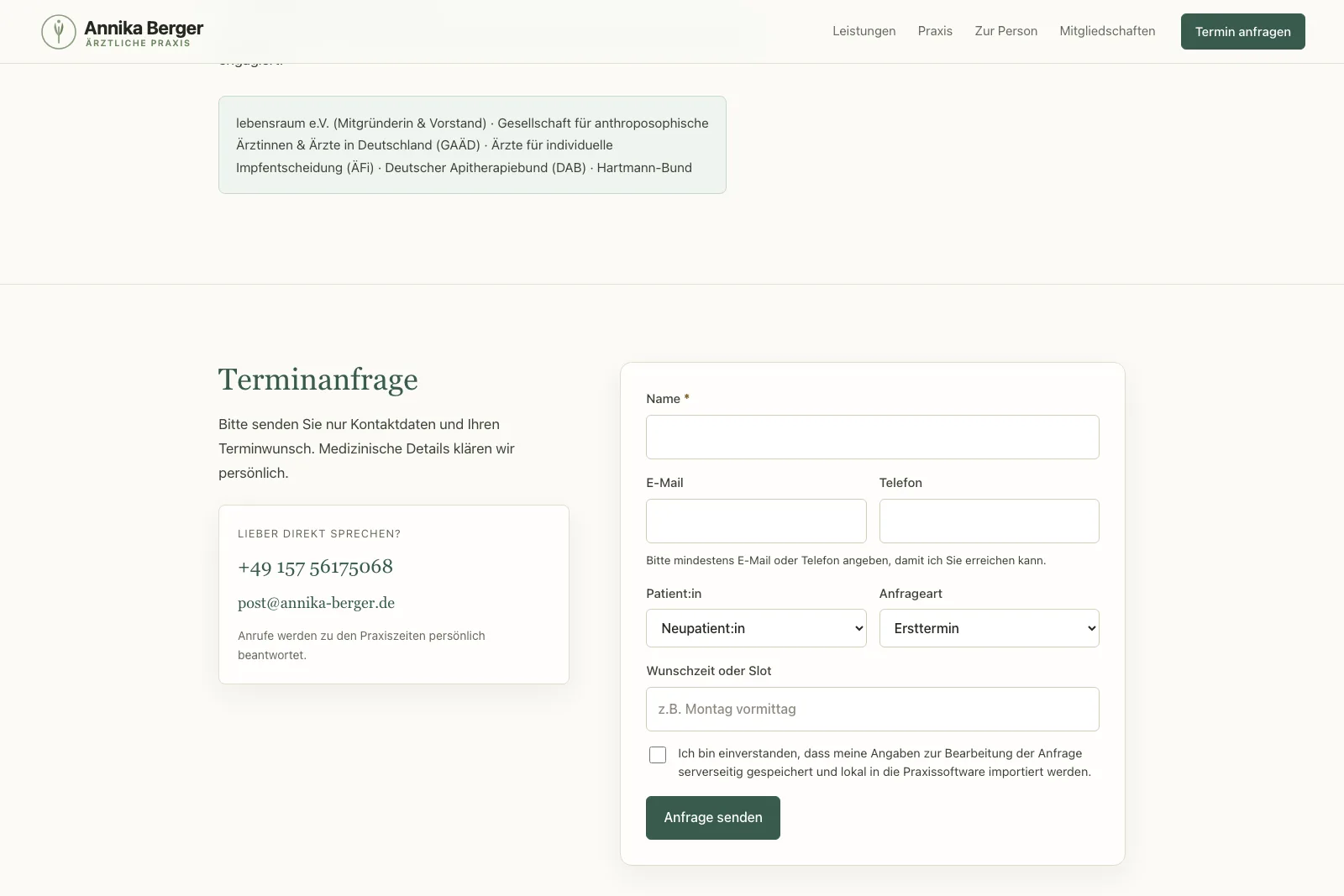 Terminanfrage-Formular der öffentlichen Praxisseite