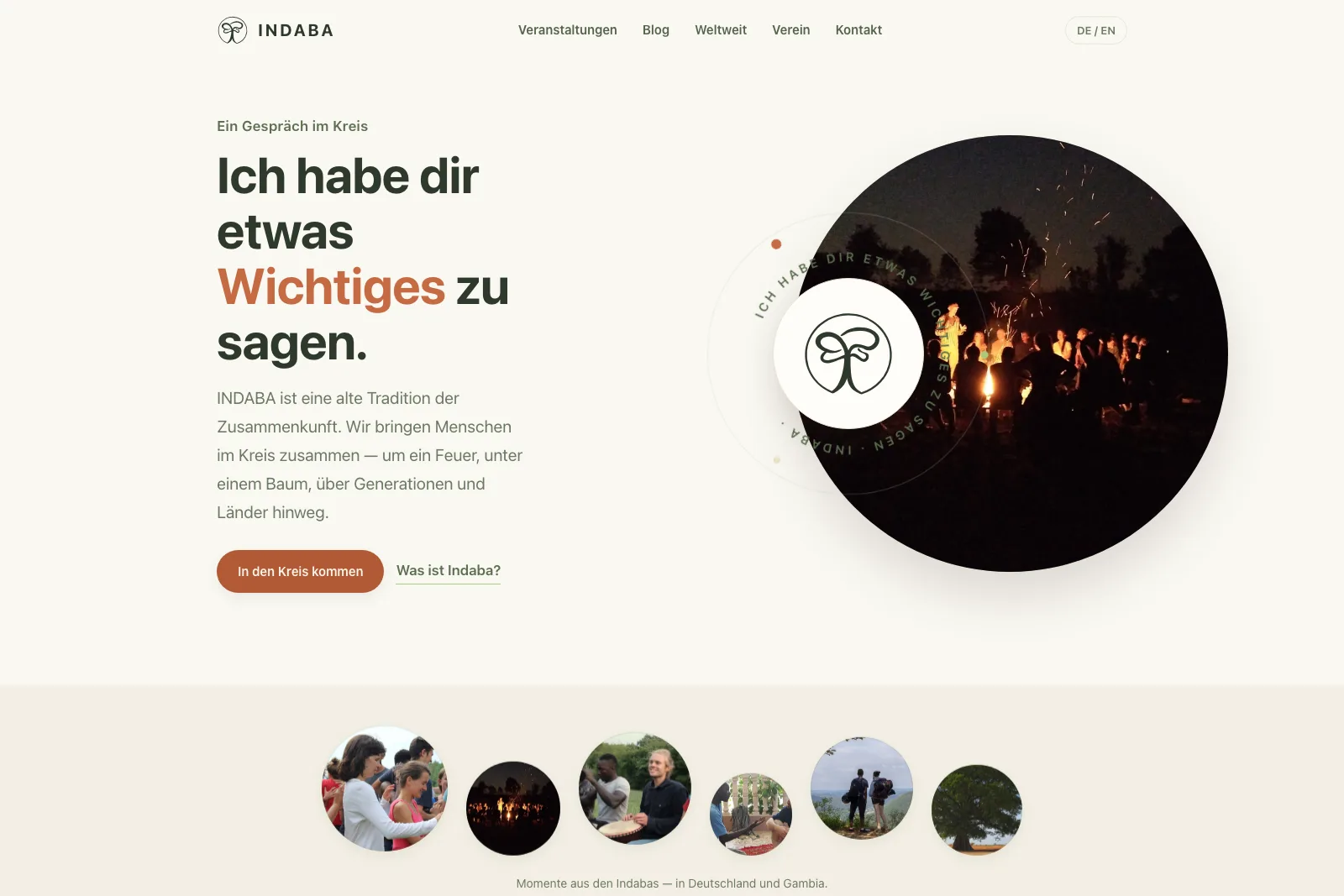 Startseite von indaba.global mit Feuerkreis-Bildsprache