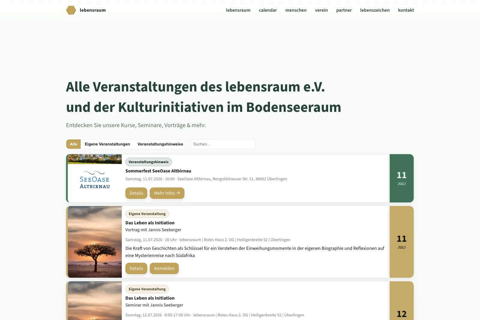 Eventkalender des Vereins mit Anmeldemöglichkeit