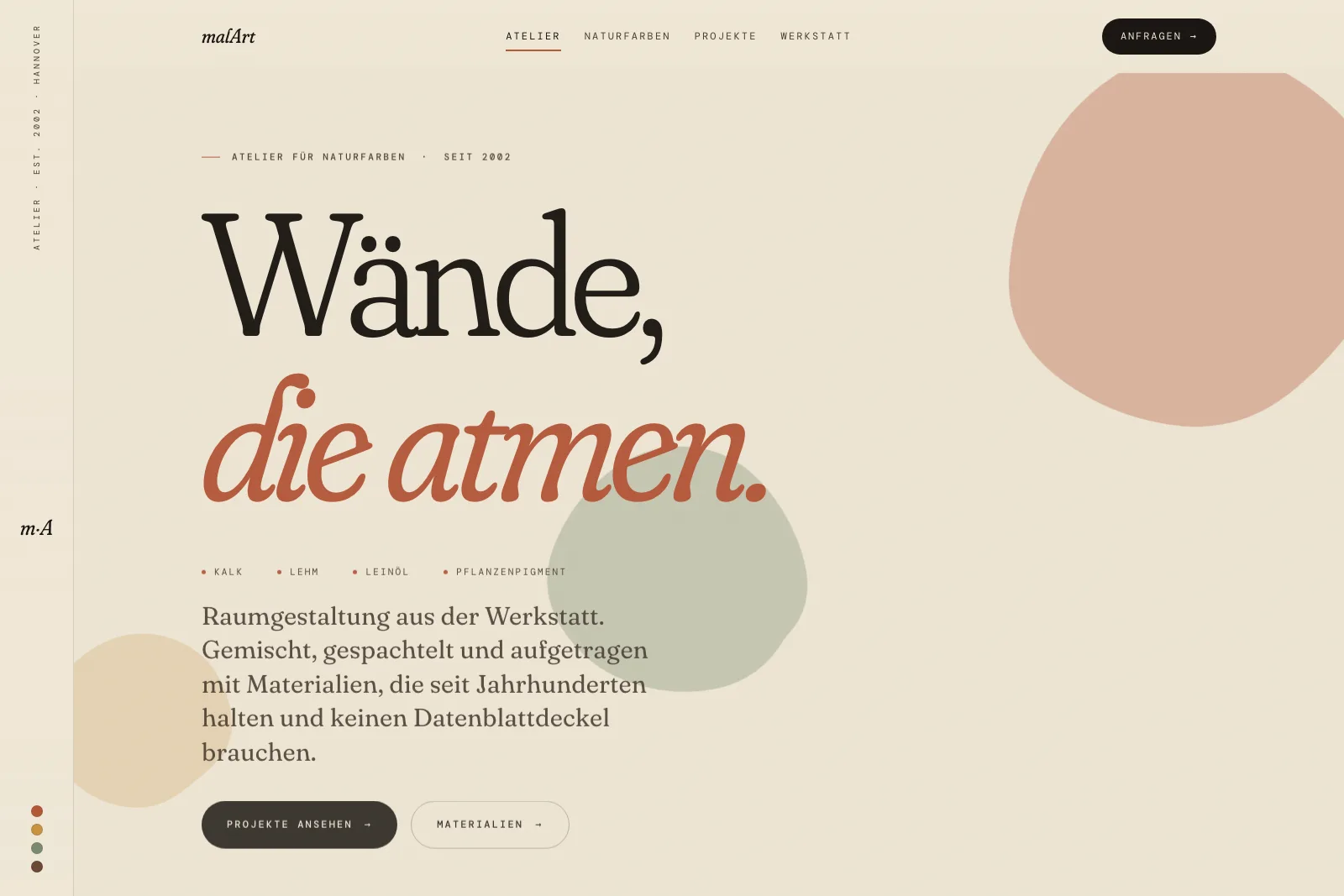 Startseite von malArt mit Pigmentleiste