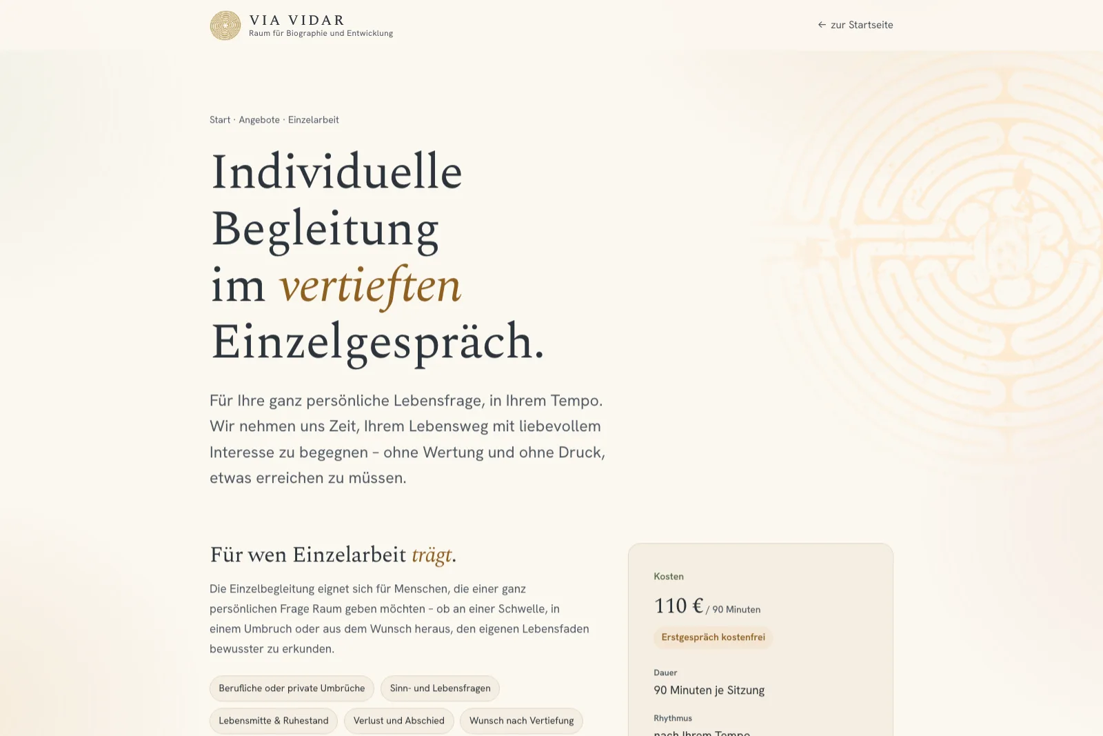 Detailseite zur Einzelarbeit mit Zielgruppen und Kosten
